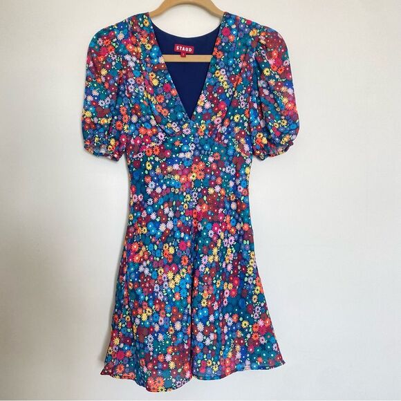 Staud Milla Floral Mini Dress Short Puff Sleeve V Neck Size 0 - Picture 4 of 12